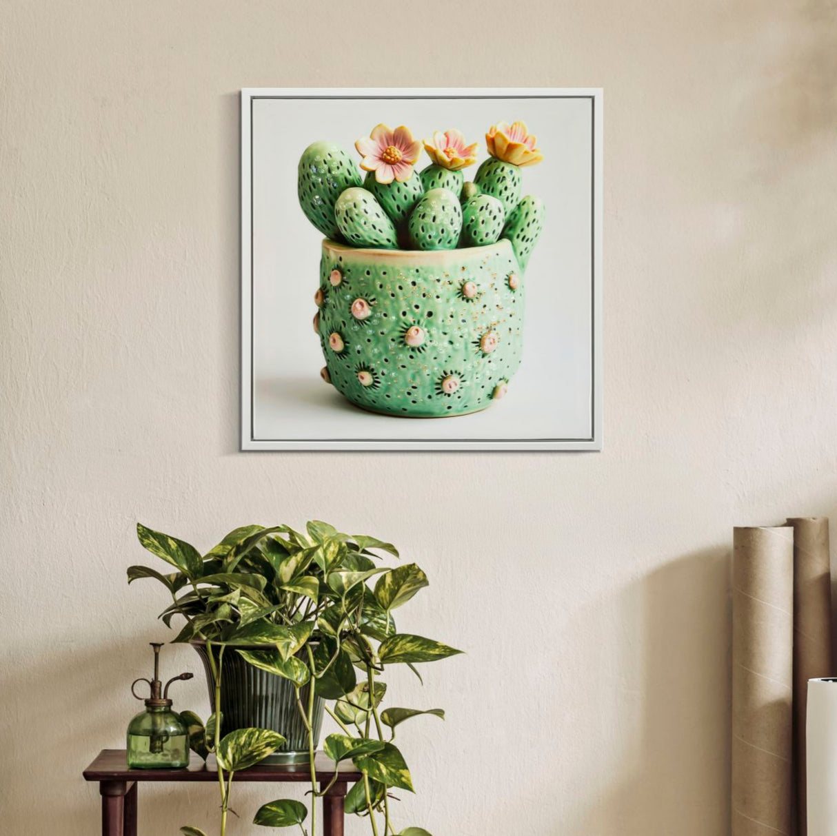 STAMPA SU TELA LACCATA C/CORNICE VASETTO CACTUS -A- FERRETTI