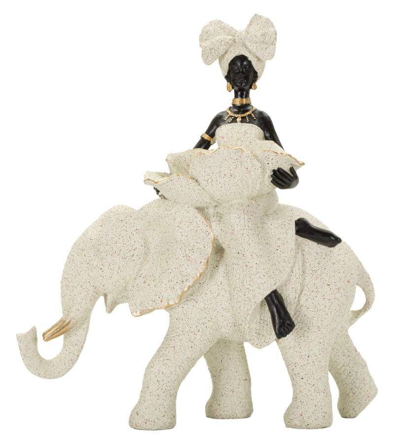 Scultura Etnica Donna Africana Su Elefante 50X16X34 Cm