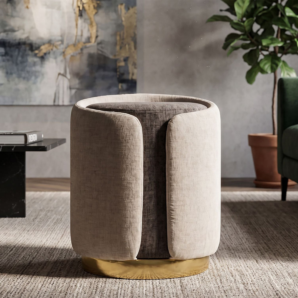 Pouf Stile Glam Bicolore Beige/Tortora Con Base Dorata - Ferretti