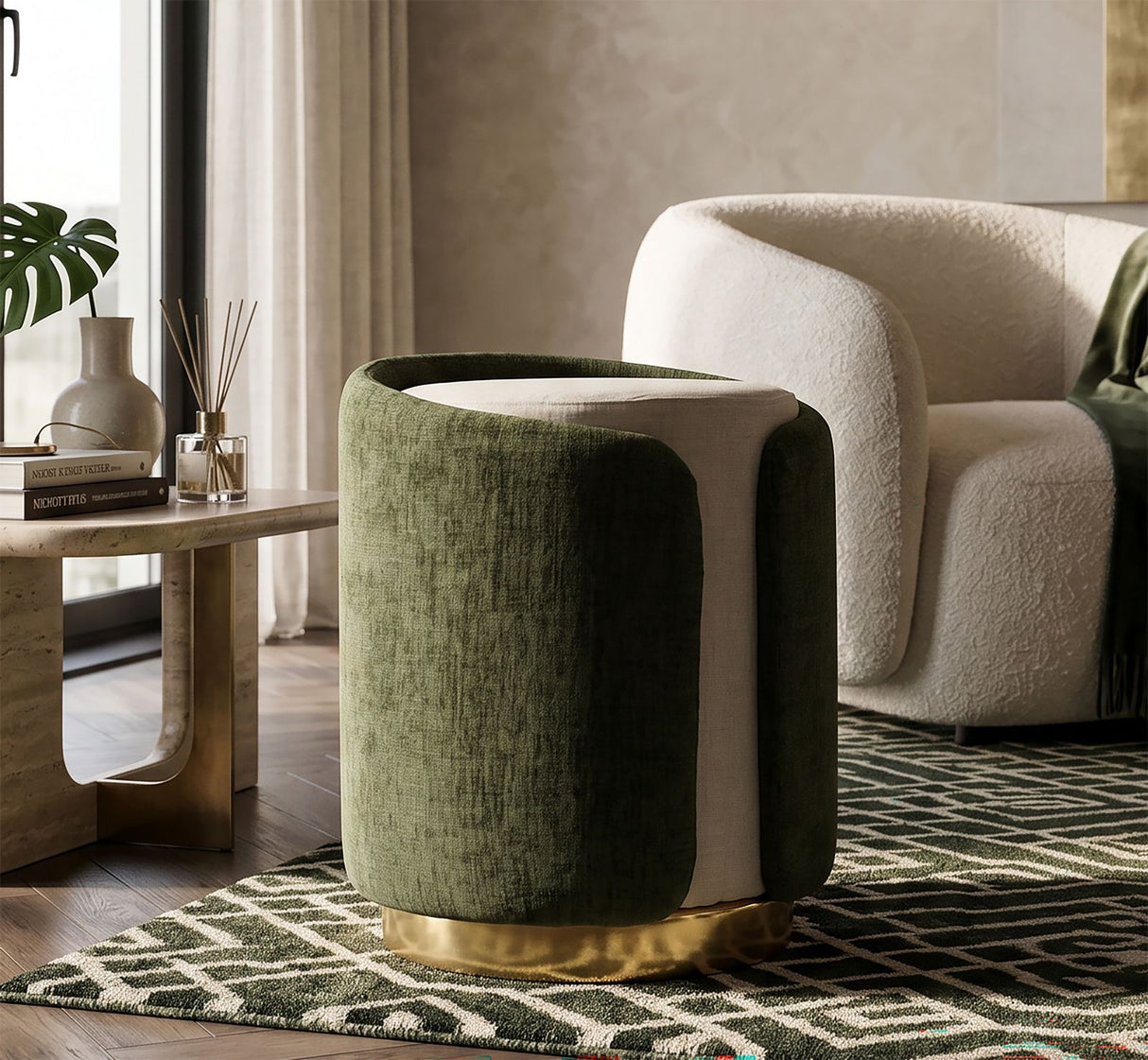 Pouf Stile Glam Bicolore Con Base Dorata Cm Ø 40X50