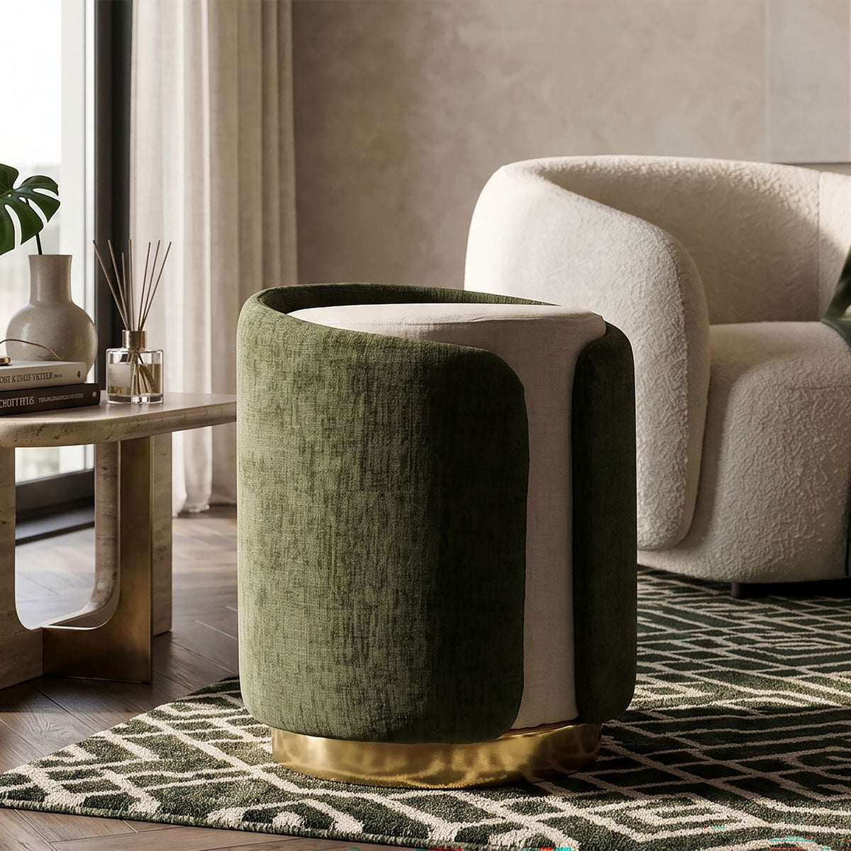 Pouf Stile Glam Bicolore Panna/Verde Con Base Dorata - Ferretti