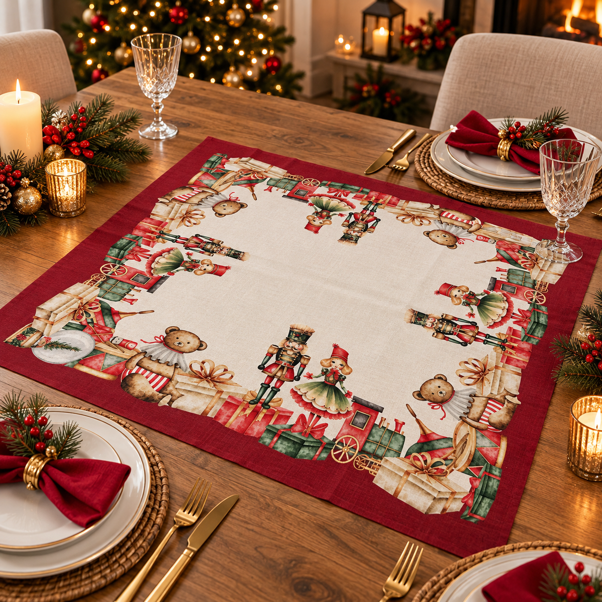 Centrotavola Natalizio Fantasia Noel 90x90 cm 100% Cotone - Linea Oro