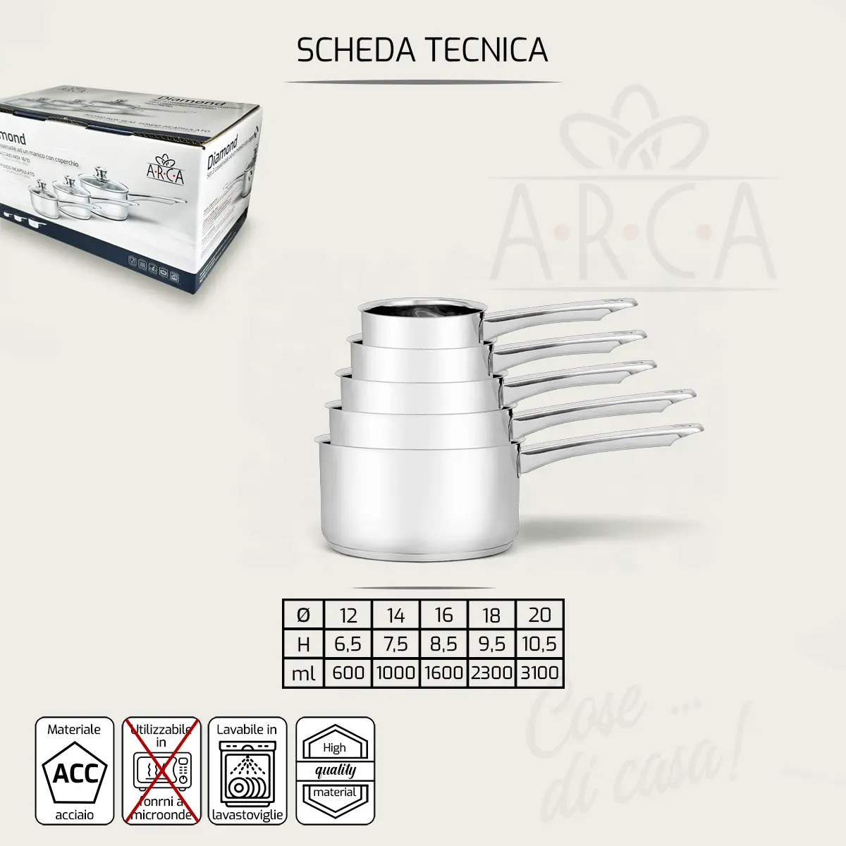 Set 5 Pentole Diamond 12/14/16/18/20 un manico in acciaio inox - Arca