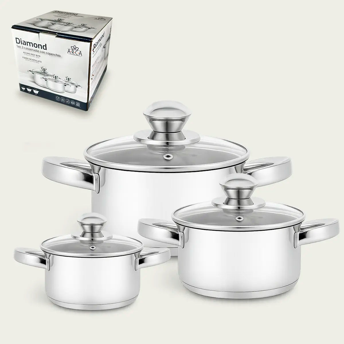 Set 3 Pentole Diamond 12/14/16 due manici in acciaio inox con coperchi - Arca
