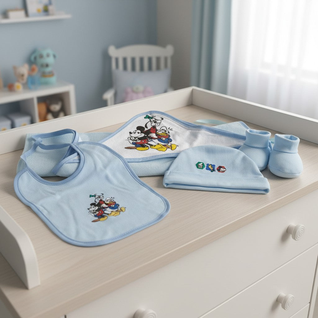Set Nascita 4 Pezzi Cappellino, Babbucce, Bavaglino e Accappatoio a Triangolo Minnie e Mickey Mouse - Disney Baby