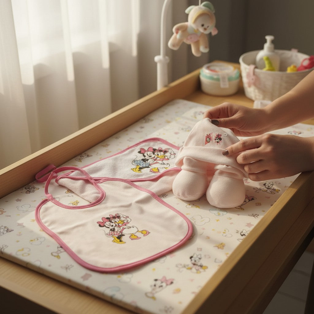 Set Nascita 4 Pezzi Cappellino, Babbucce, Bavaglino e Accappatoio a Triangolo Minnie e Mickey Mouse - Disney Baby