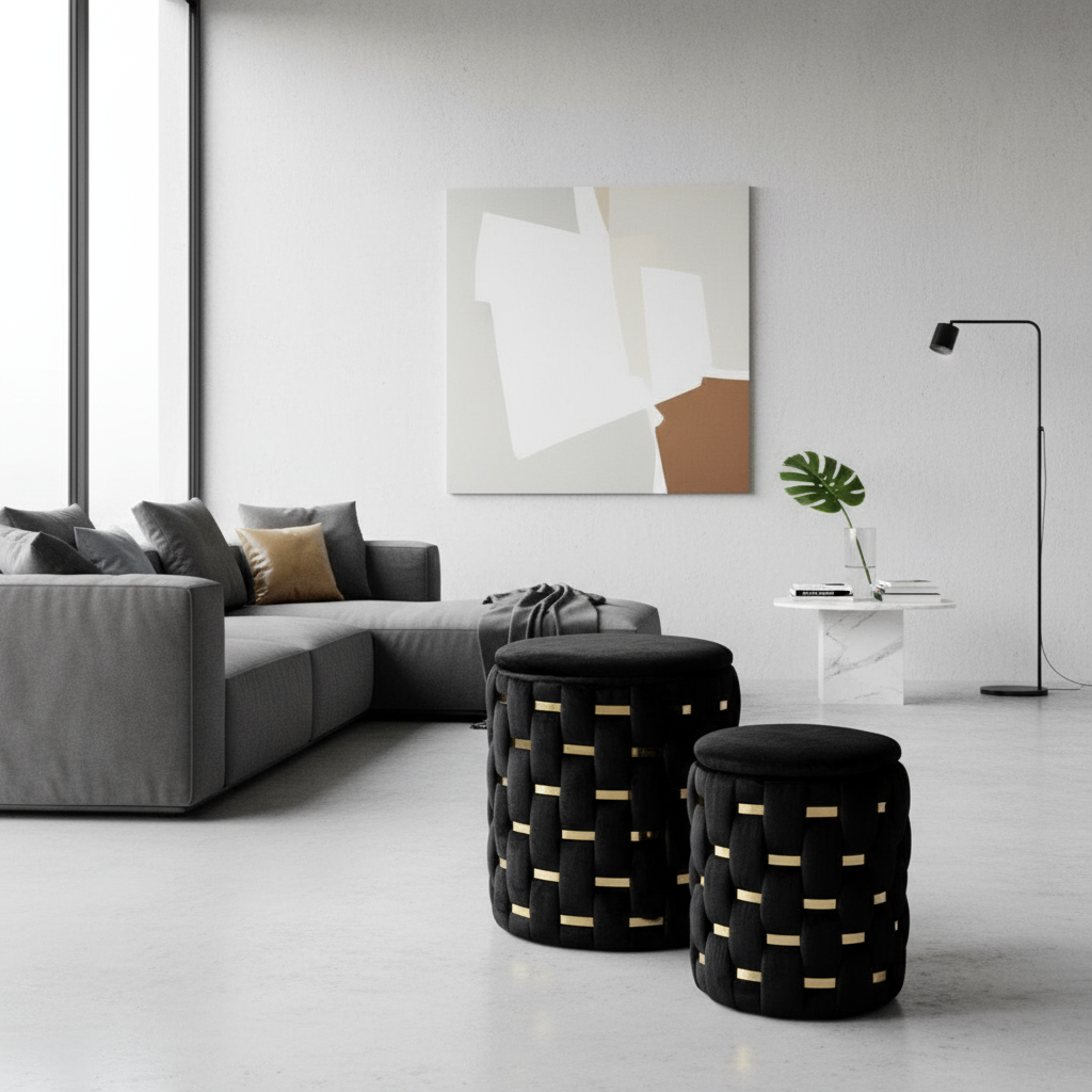 PUFF C/CONTENITORE SHANTY NERO SET 2 PZ - FERRETTI