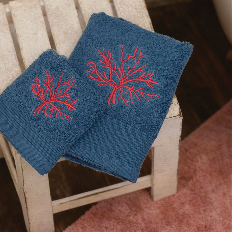 Set Asciugamani 1+1 CORALLI L’Atelier 17 in Spugna Cotone 500 GSM Bianco Sabbia Blu Mare