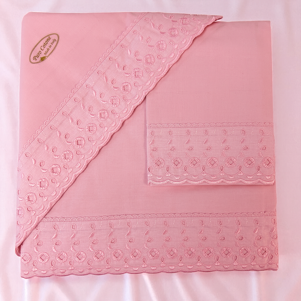 Completo Lenzuola AURORA con pizzo rosa by Carezze