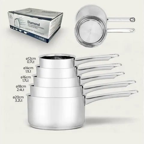 Set 5 Pentole Diamond 12/14/16/18/20 un manico in acciaio inox - Arca
