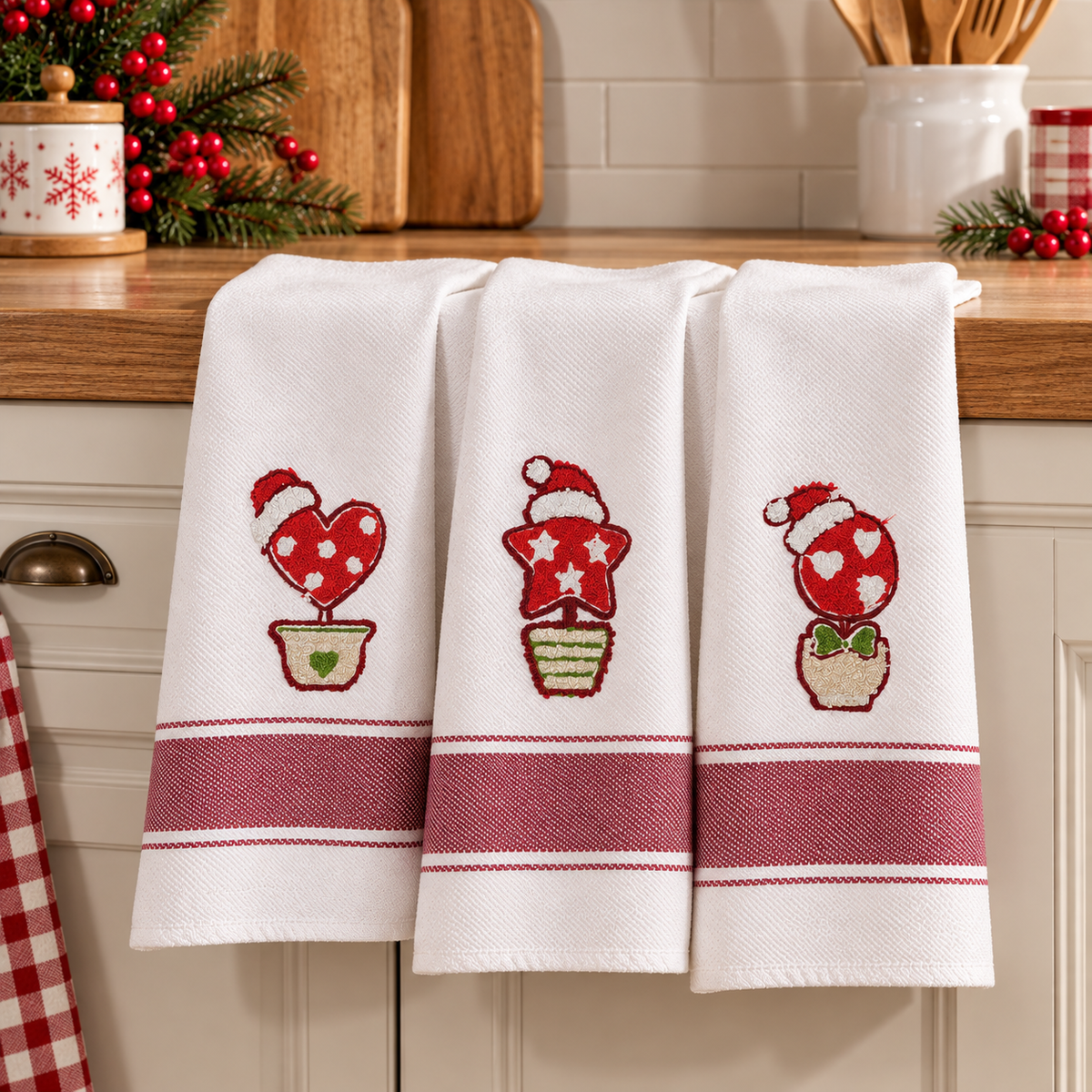 Set 3 Strofinacci Natalizi Spiga Xmas Vasetti 100% Cotone - Vingi