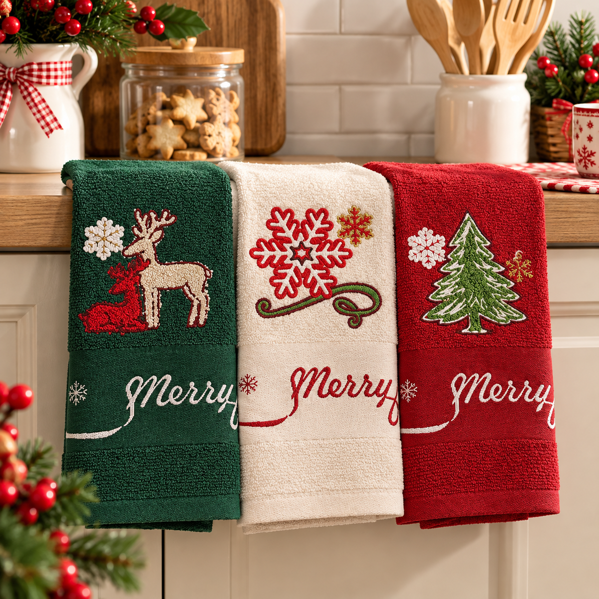 Set 3 Strofinacci Natalizi Merry Christmas 100% Cotone - Vingi