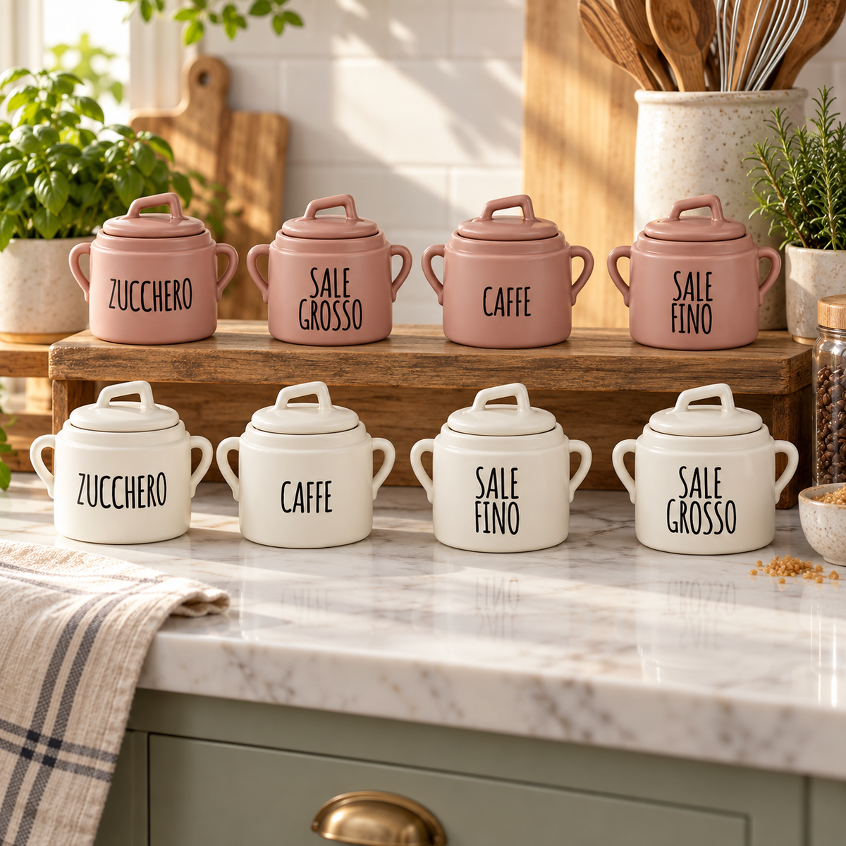 Barattolo in Ceramica con Manici e Coperchio per Zucchero, Caffè, Sale Fino o Grosso, 12,5x11xh13,5cm - Cucina&Cottura