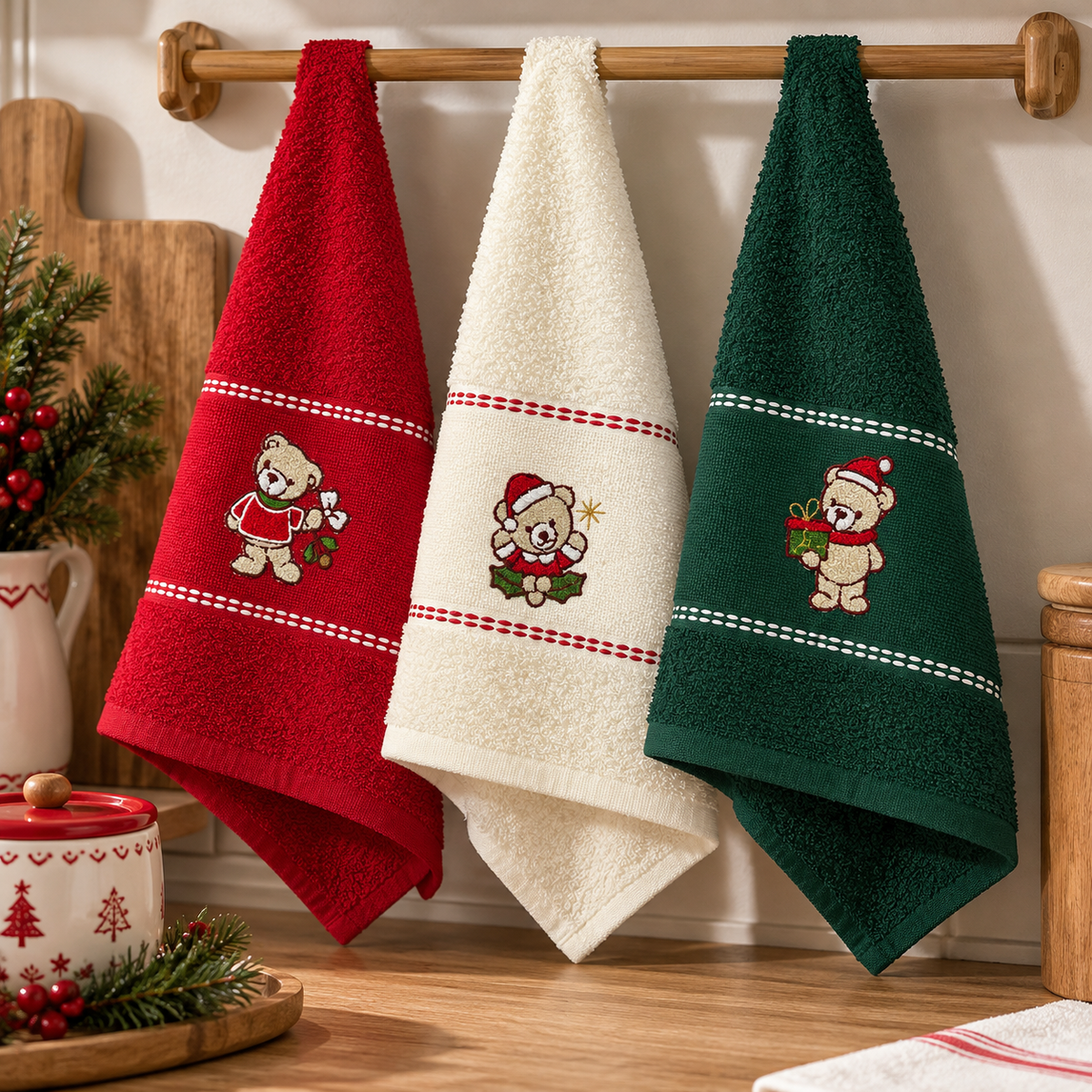 Set 3 Strofinacci Natalizi Etamine Xmas Orsetti 100% Cotone - Vingi