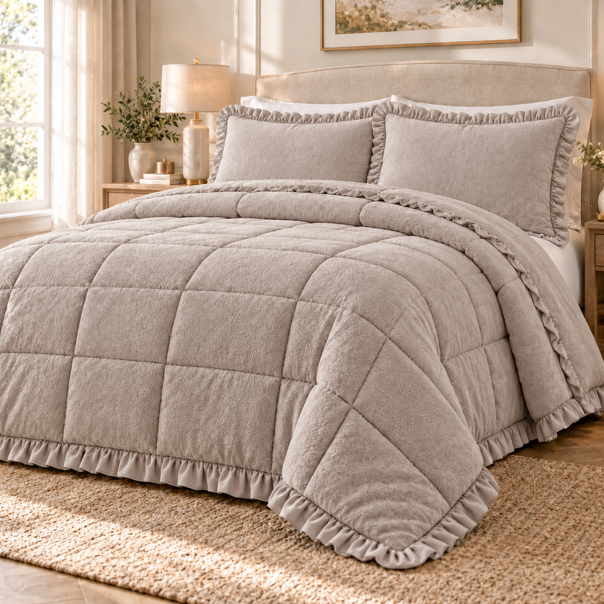 Trapunta Matrimoniale Lumiere Effetto Velluto con Rouches Imbottitura 270 g/m² - L'Atelier17