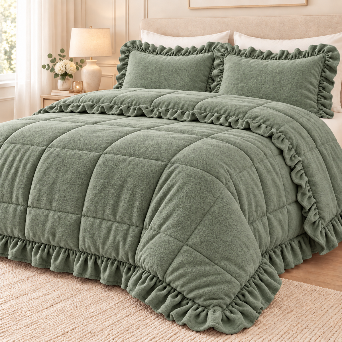 Trapunta Matrimoniale Lumiere Effetto Velluto con Rouches Imbottitura 270 g/m² - L'Atelier17