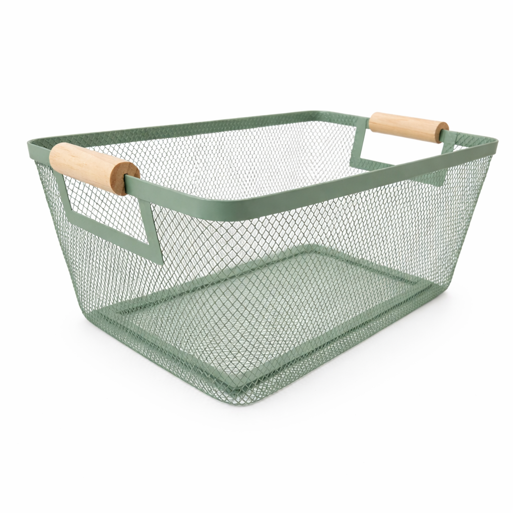 Cestino in Ferro Quadrato con Manico in Legno24,5 x 17,5 x h 11 cm o 35,5 x 23 x h 16 cm – AD TREND