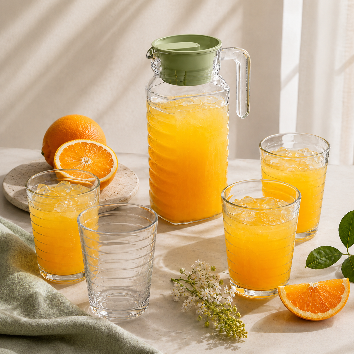Caraffa in vetro con 6 bicchieri coordinati