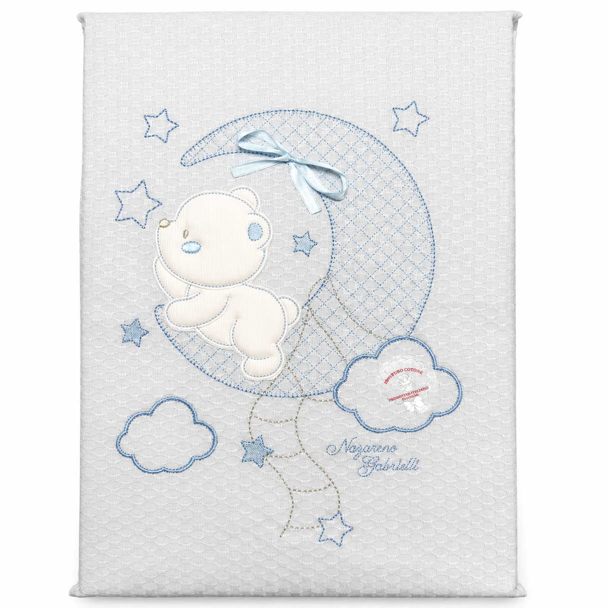 Copertina Culla Ricamata Orsetto Luna 100% Cotone NG252 dis.51 - Nazareno Gabrielli
