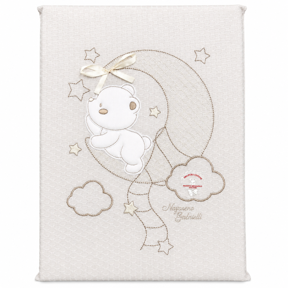 Copertina Culla Ricamata Orsetto Luna 100% Cotone NG252 dis.51 - Nazareno Gabrielli