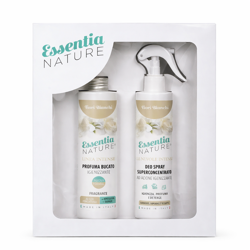 Gift Box Nuvole Spray Igienizzante profumato + Profumo Bucato 250 ml Fiori Bianchi - Essentia