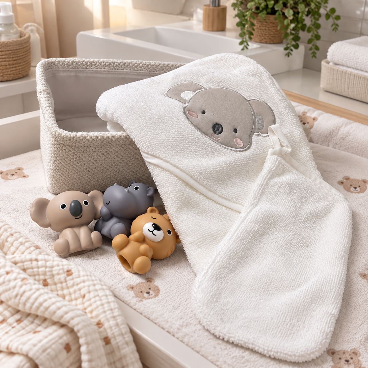 Set Bagnetto Baby Koala 4 Pezzi Accappatoio a Triangolo, Manopola, Cestino e Marionette - Bruco Bruco