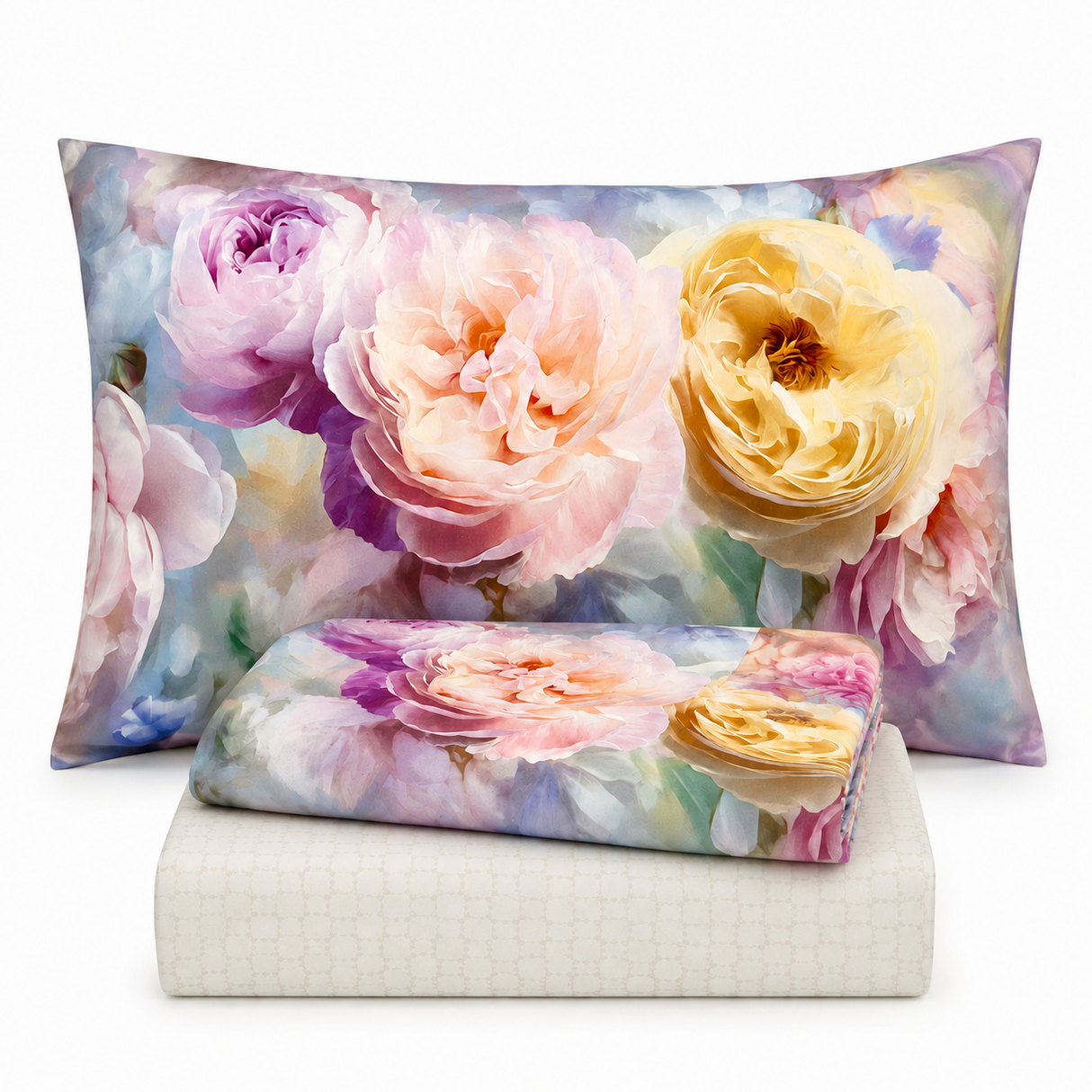 Completo Lenzuola Matrimoniale con Balza Stampata Fiori Soft 100% Cotone - Botticelli Home