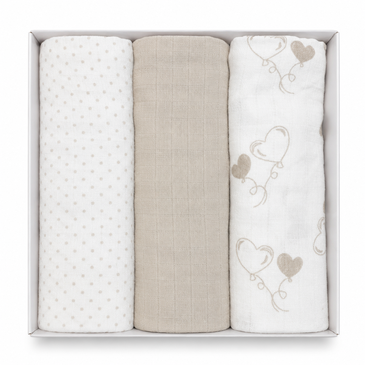 Set 3 Mussole in Garza di Cotone Bianco/Tortora Neonato Rifinite con Piega 75x75cm - Nancy Baby
