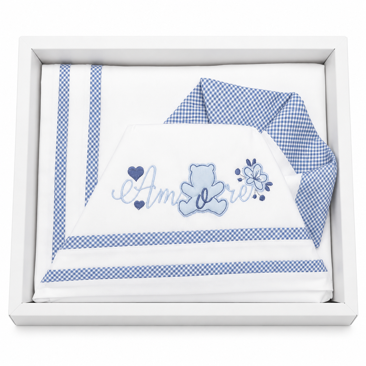 Completo Lenzuola Lettino 3 Pezzi Orsetto Amore Bianco/Cielo - Bruco Bruco
