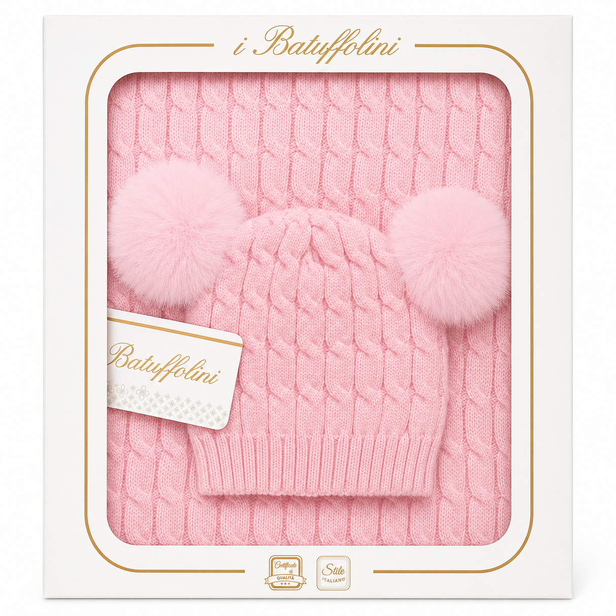 Copertina Culla con Cappellino Due Pon Pon Coordinato art. B527/1F - I Batuffolini