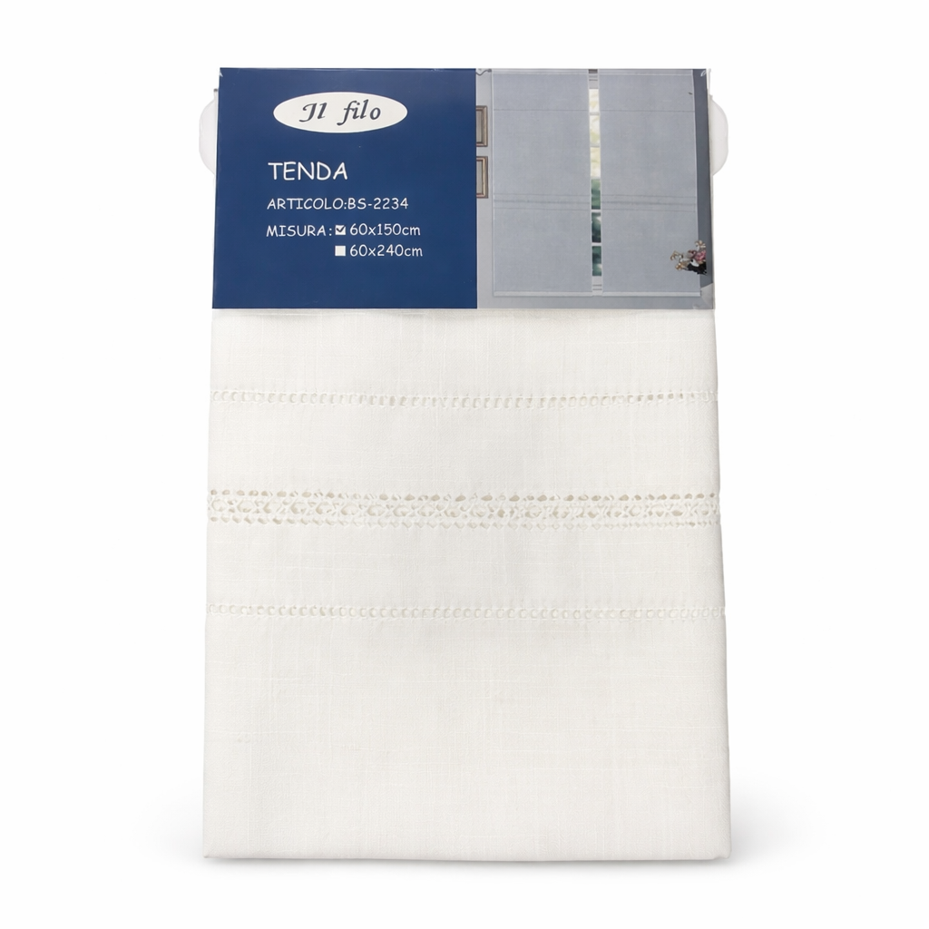 Tendina Elisa con tasca per bastone in tessuto effetto lino con ricamo a giorno 60x150 cm / 60x240 cm - Il Filo