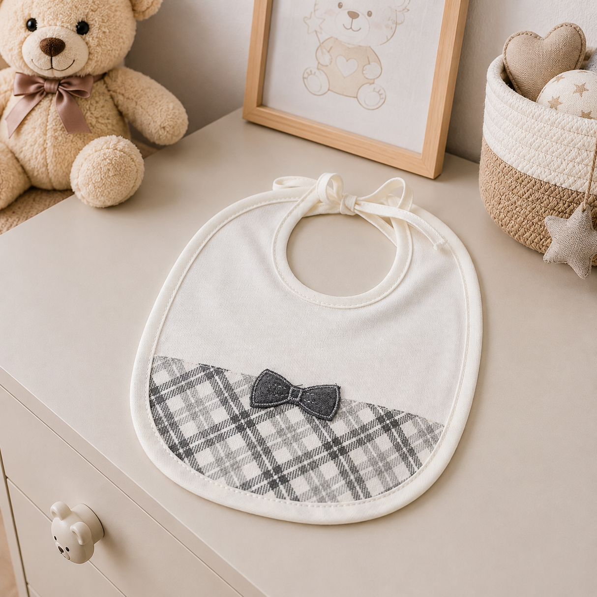 Bavaglino in Cotone Bianco e Grigio con Fiocchetto art. BA860 - Le Chicche