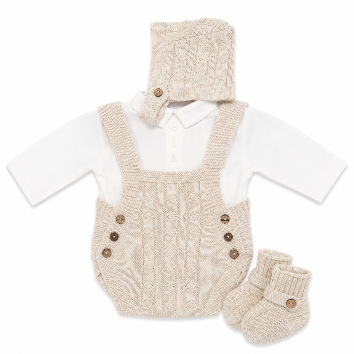 Set Neonato 4 Pezzi Pagliaccetto Effetto Lana con Camicia, Cappellino e Babbucce NG2036 - Nazareno Gabrielli