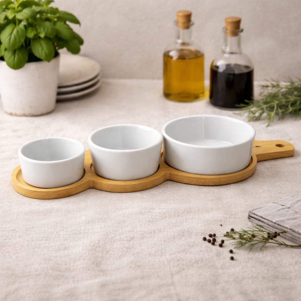 Set 3 ciotoline in porcellana Tonde con base in bamboo - Maison Tortorà