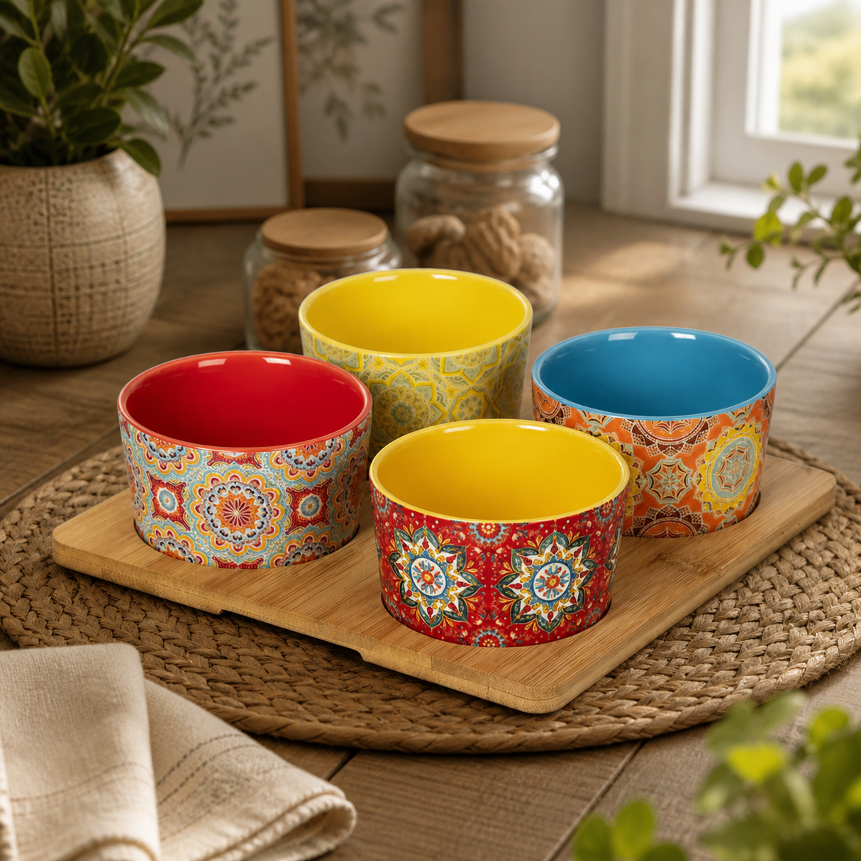 Set Antipastiera con 4 Ciotole in Ceramica e Base in Bamboo - Gusto Casa