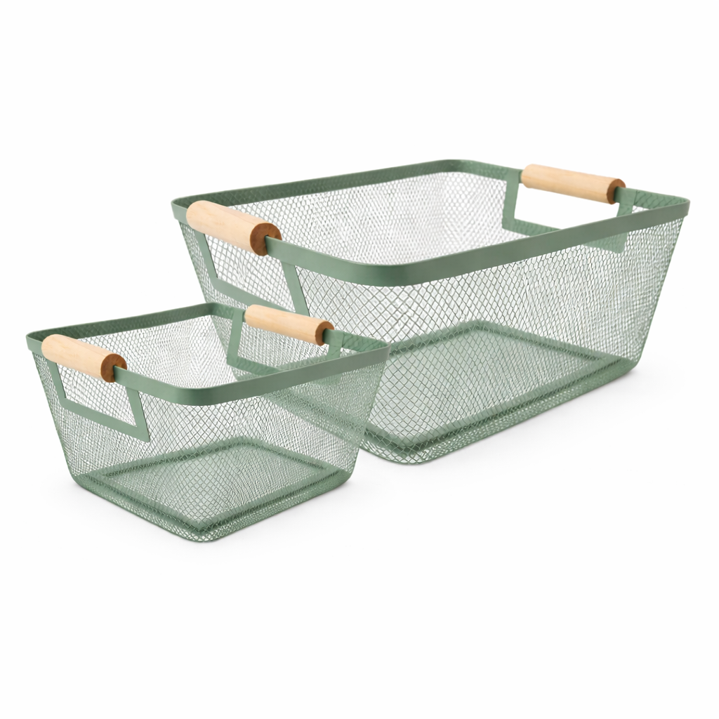 Cestino in Ferro Quadrato con Manico in Legno24,5 x 17,5 x h 11 cm o 35,5 x 23 x h 16 cm – AD TREND