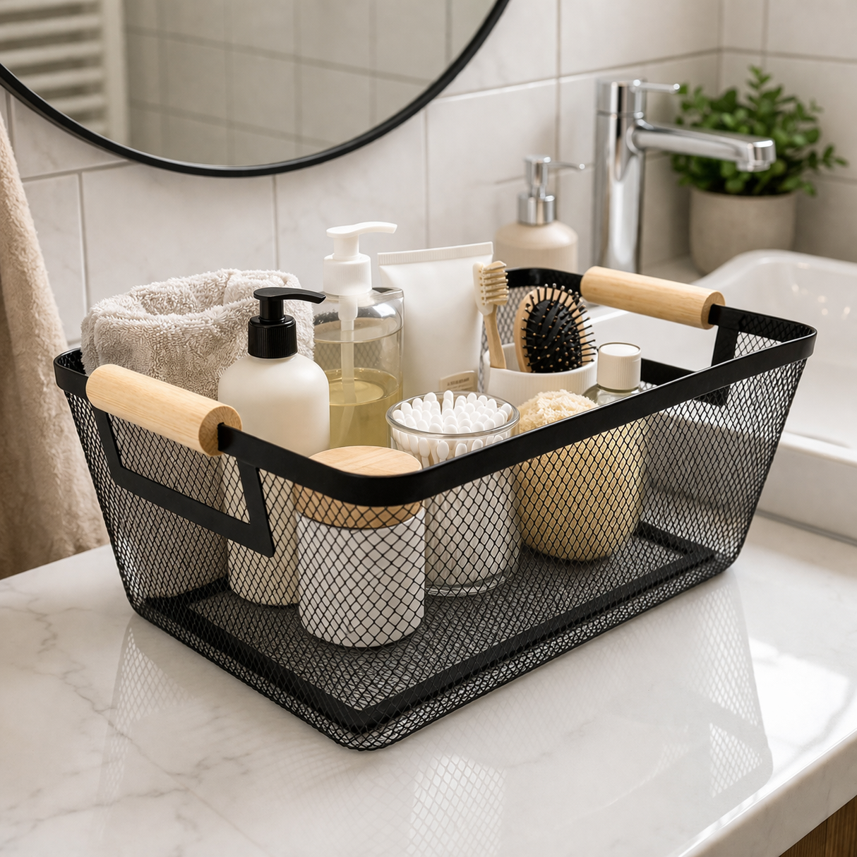 Cestino in Ferro Quadrato con Manico in Legno24,5 x 17,5 x h 11 cm o 35,5 x 23 x h 16 cm – AD TREND