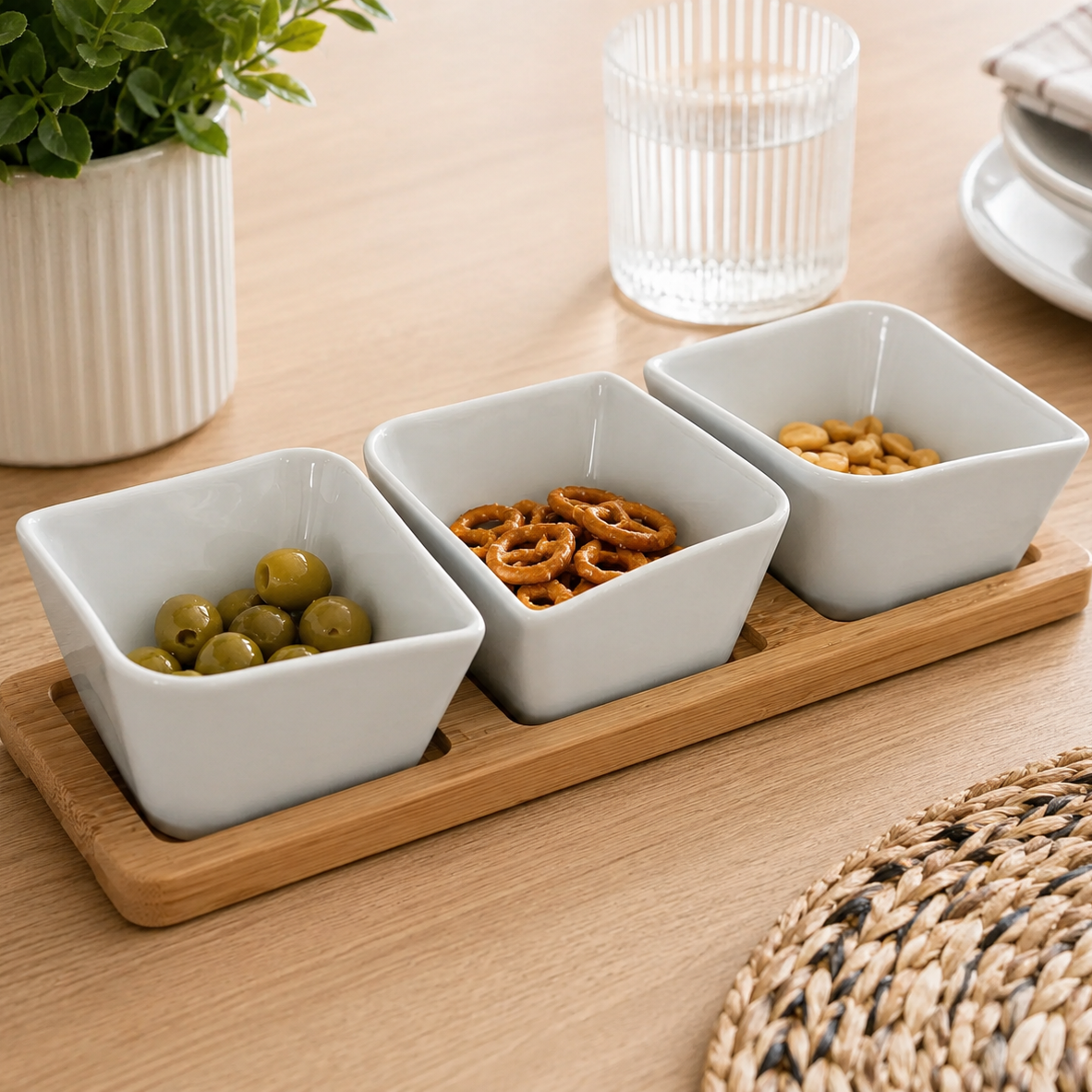 Set 3 Ciotole da Aperitivo in Porcellana Bianca con Base in Bamboo - Maison Tortorà