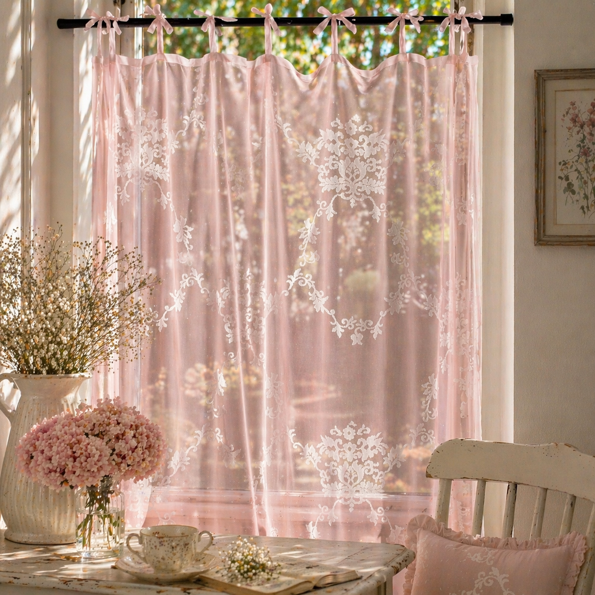 Tenda AURORA con lacci Atelier 17 trasparente shabby chic – tenda elegante per cucina e soggiorno