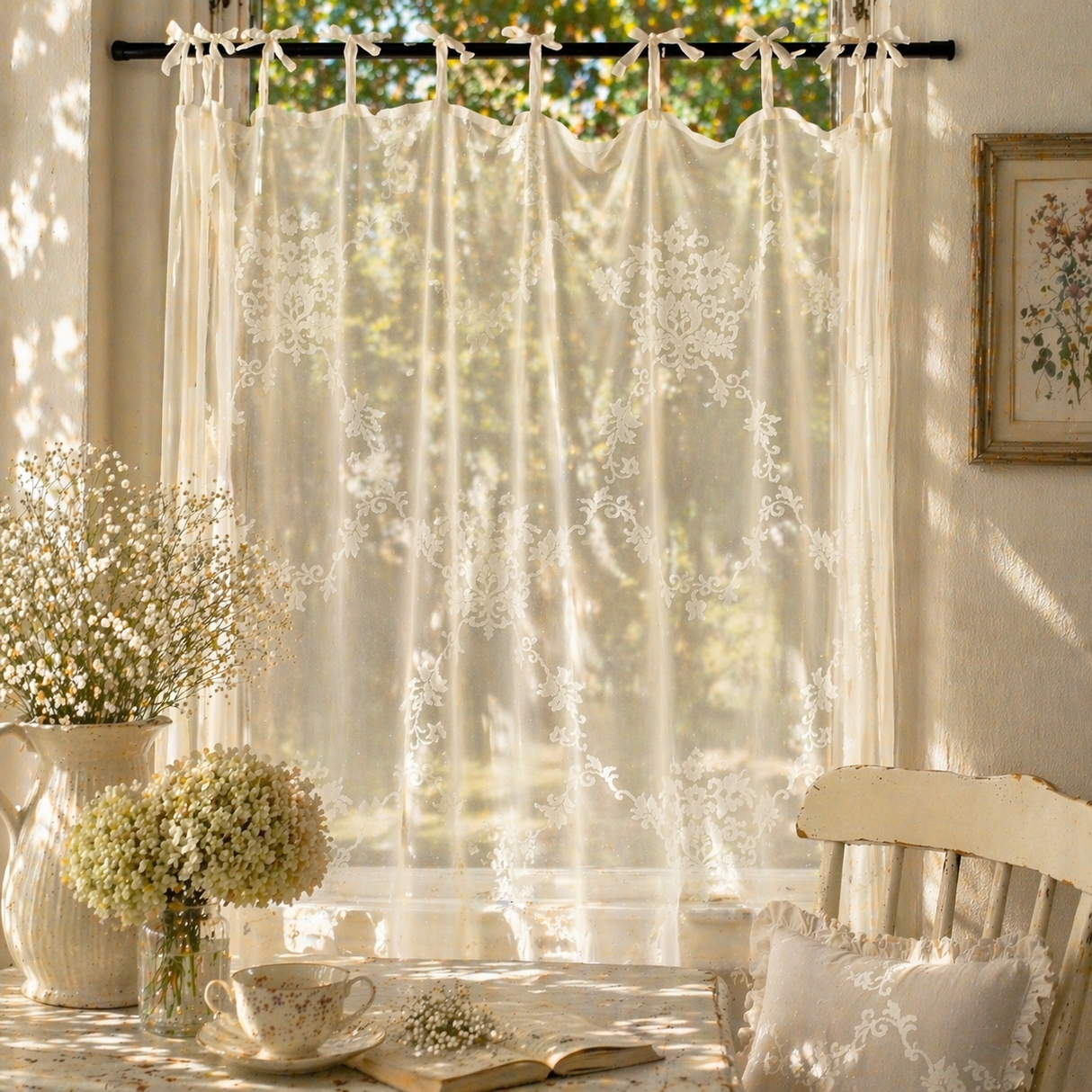 Tenda AURORA con lacci Atelier 17 trasparente shabby chic – tenda elegante per cucina e soggiorno
