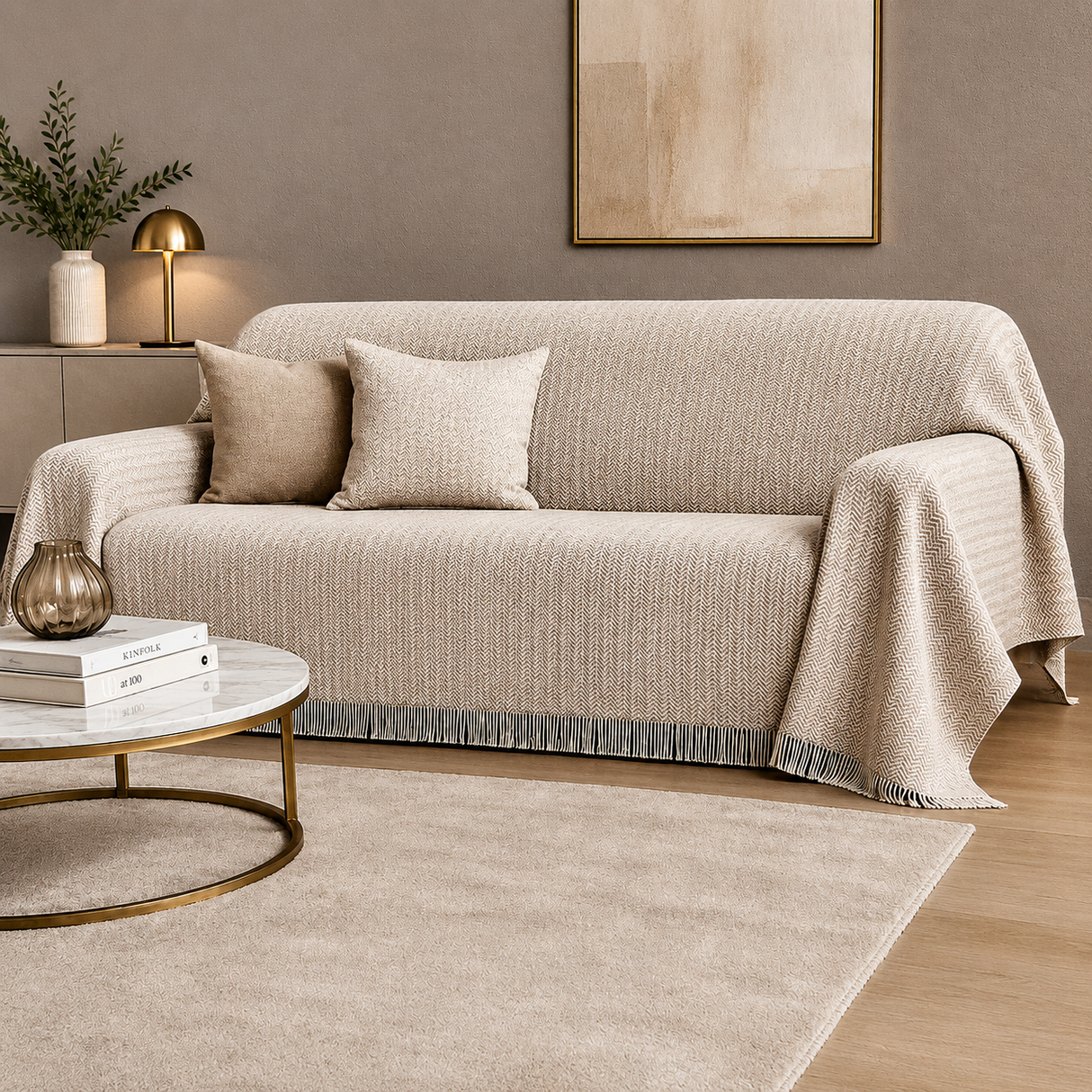 Copriletto Copridivano Chevron Laura Blasi 260x260 cm Cotone Panna Tortora Grigio Rosa