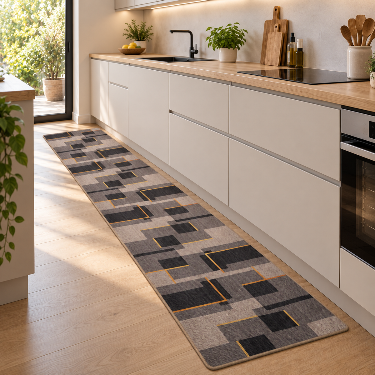 Passatoia Cucina Antiscivolo Geometric Effetto Lino con Fondo Gommato