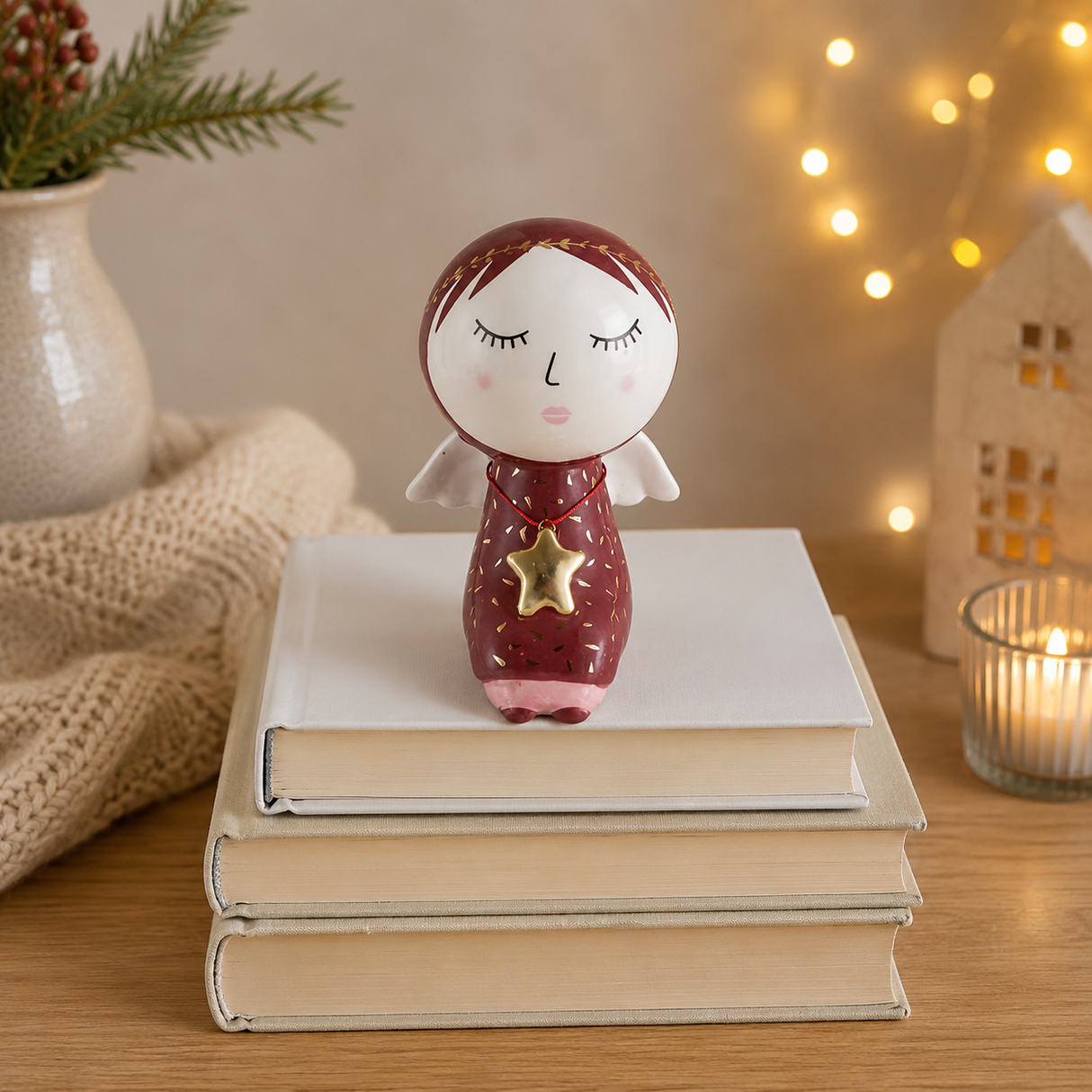 Decorazione Natalizia Angelo Seduto con Stella in Ceramica 14cm - Montemaggi