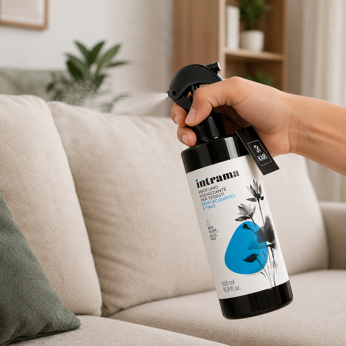 Profumo Igienizzante per Ambienti, Tessuti e Tendaggi Intrama Fiori Acquatici e Timo 500 ml - Karì