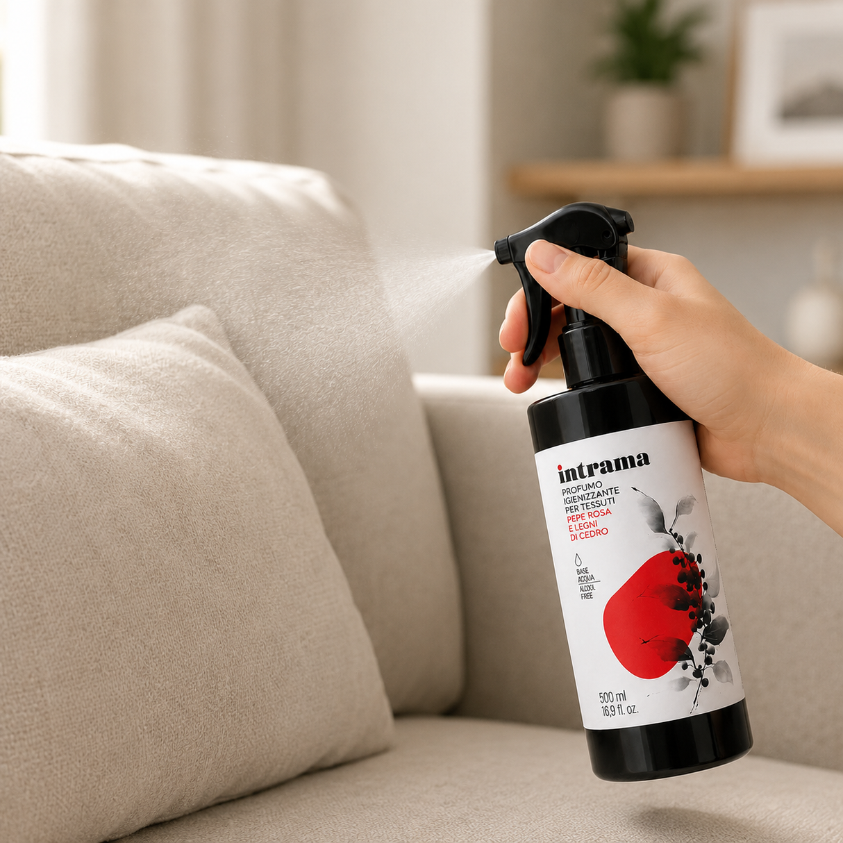Profumo Igienizzante per Ambienti, Tessuti e Tendaggi Intrama Pepe Rosa e Legni di Cedro 500 ml - Karì