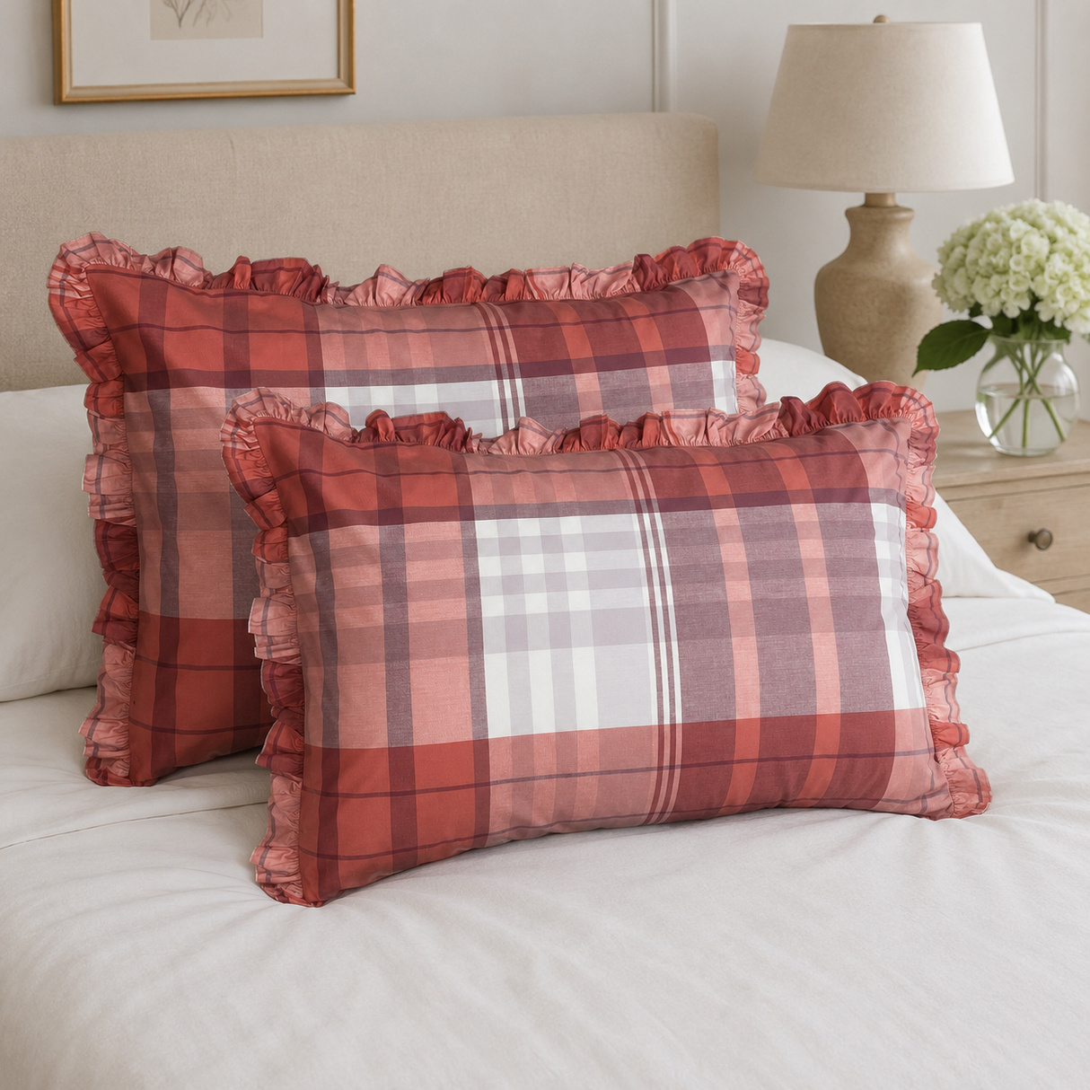 Coppia Federe CHECK ROSA in Percalle di Cotone con Rouches 50x80cm - Riviera