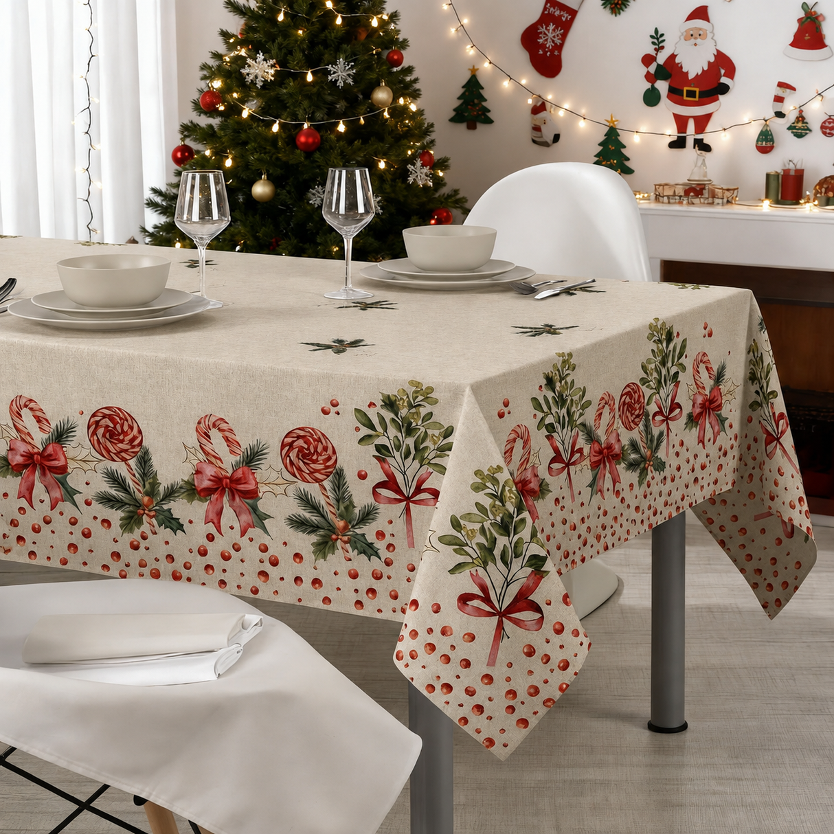 Tovaglia CHRISTMAS Ecrù Dis.5879 per 6/12/18/24 Posti - Kari