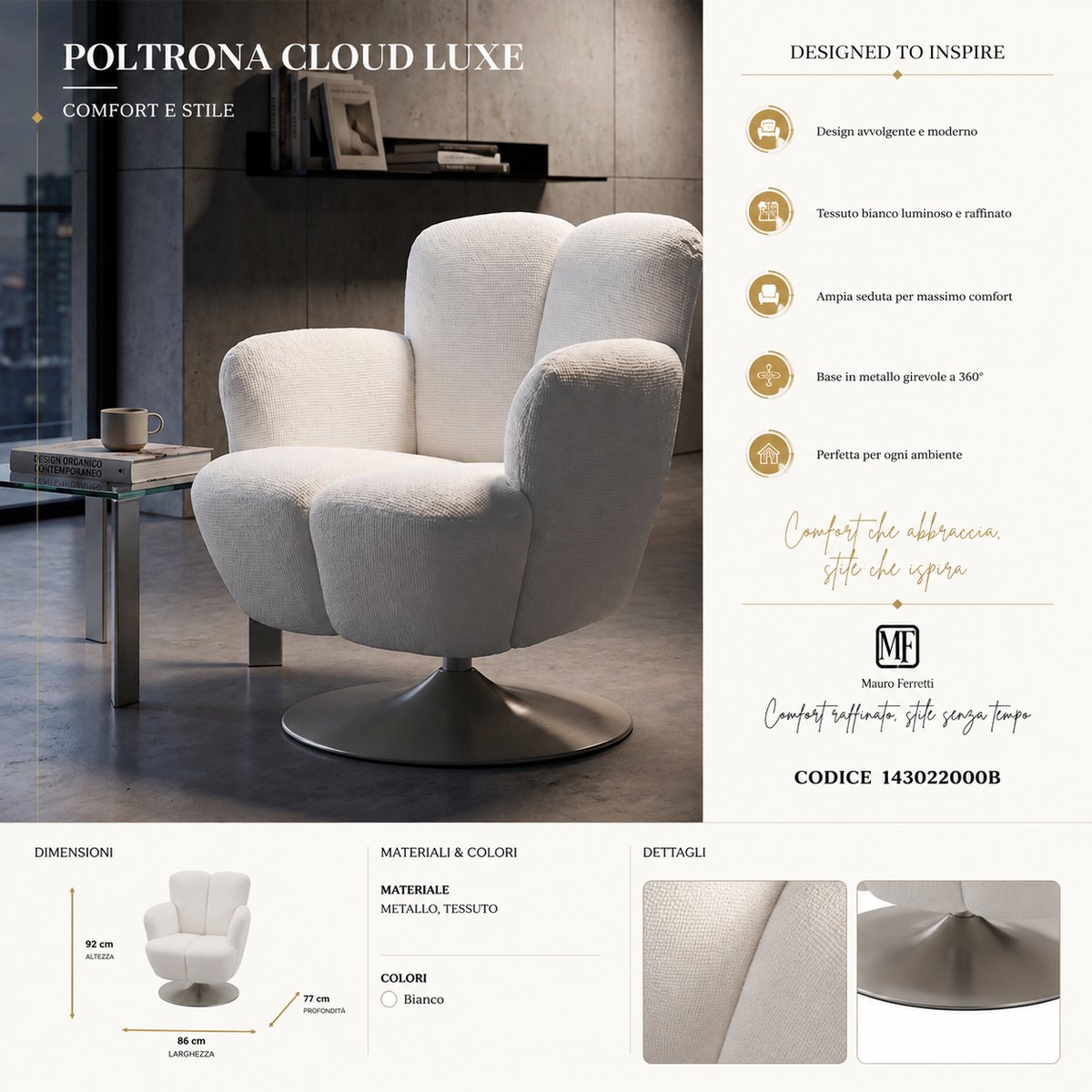 Poltrona Girevole Bianca In Stile Retrò 86X77X92cm - Ferretti