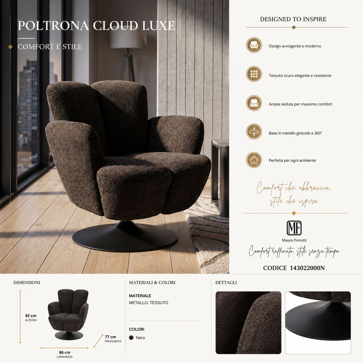 Poltrona Girevole Nera In Stile Retrò 86X77X92cm - Ferretti