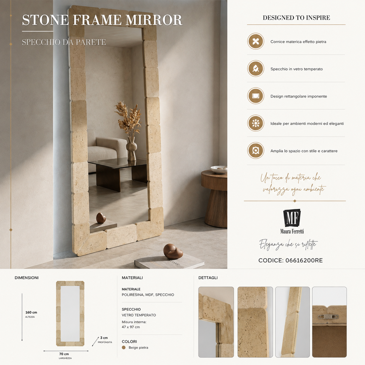 Specchio Da Parete Rettangolare Stile Naturale - Ferretti